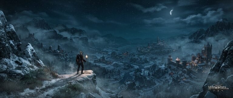 Looking down on Kovir from the Dragon Mountains in Witcher 4.