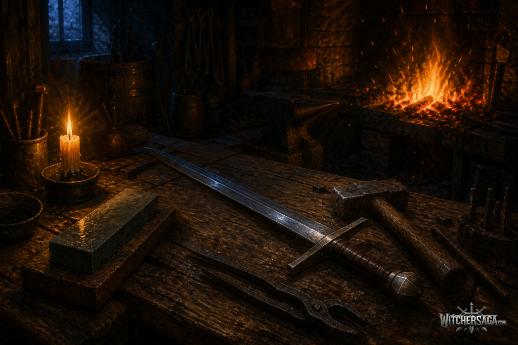 A sword resting on a candlelit blacksmith's workbench beside a glowing forge