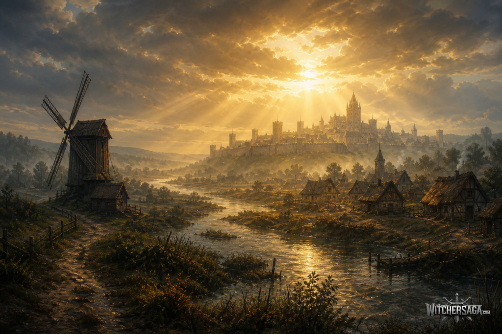 Golden sunrise over a misty river valley with a windmill, a village and a distant walled city