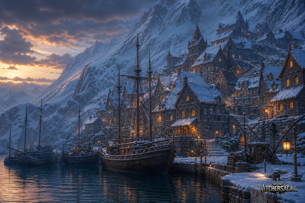 A snowy northern harbour town at dusk with lit windows and merchant ships at the quay
