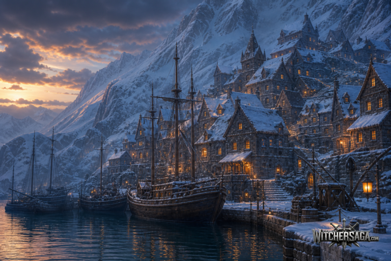 A snowy northern harbour town at dusk with lit windows and merchant ships at the quay