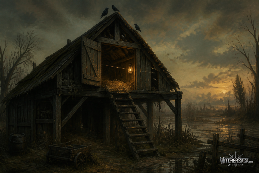 An abandoned barn in a misty marsh at dusk, with a ladder up to a lantern-lit hayloft