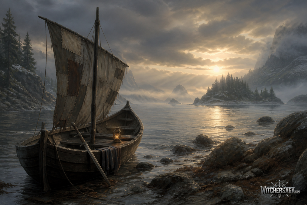 Painterly fan art of a small wooden sailboat with a sword and lantern on its bench, moored on a misty rocky northern shore at dawn