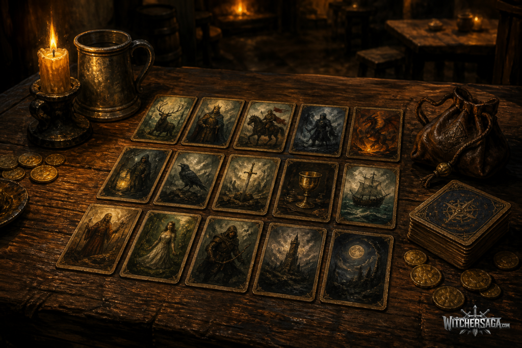 Gwent cards laid out in rows on a candlelit tavern table