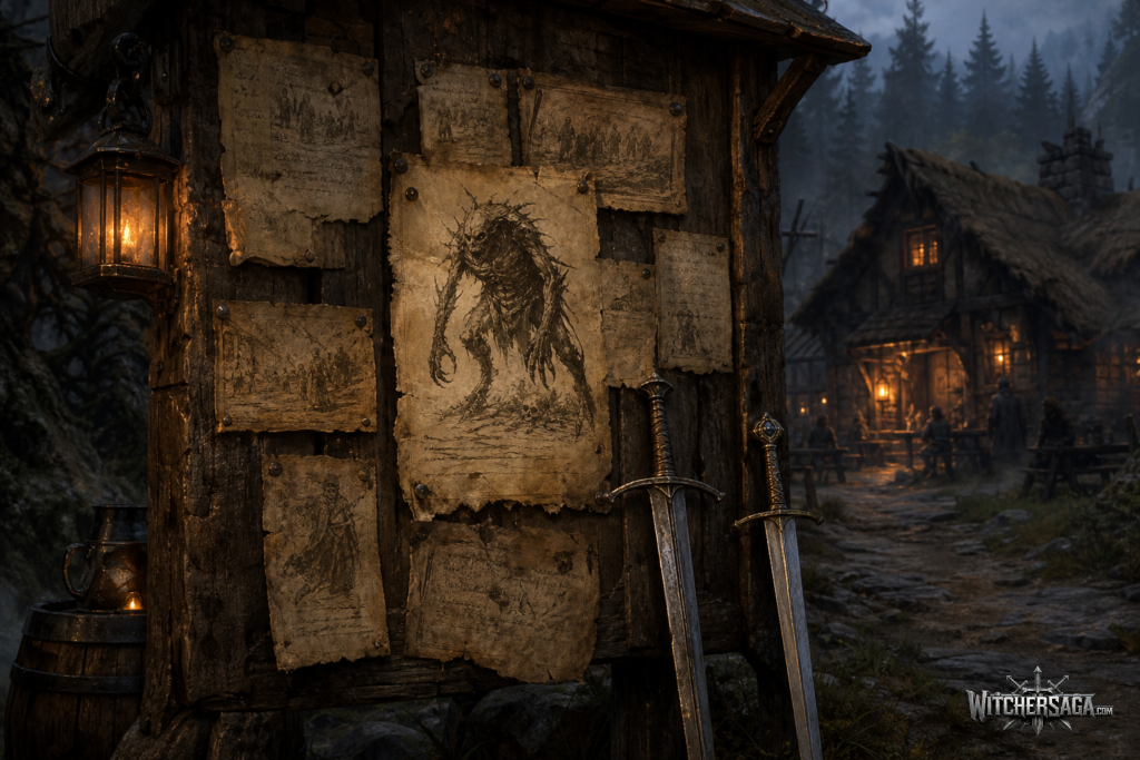 A tavern notice board covered in parchment notices at dusk, with two swords leaning against it