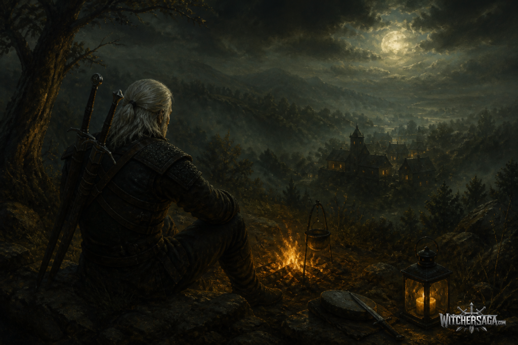 Painterly fan art of a white-haired witcher with two swords resting by a campfire on a misty hillside above a village at night