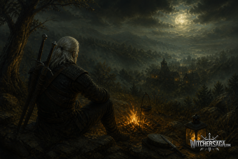 Painterly fan art of a white-haired witcher with two swords resting by a campfire on a misty hillside above a village at night