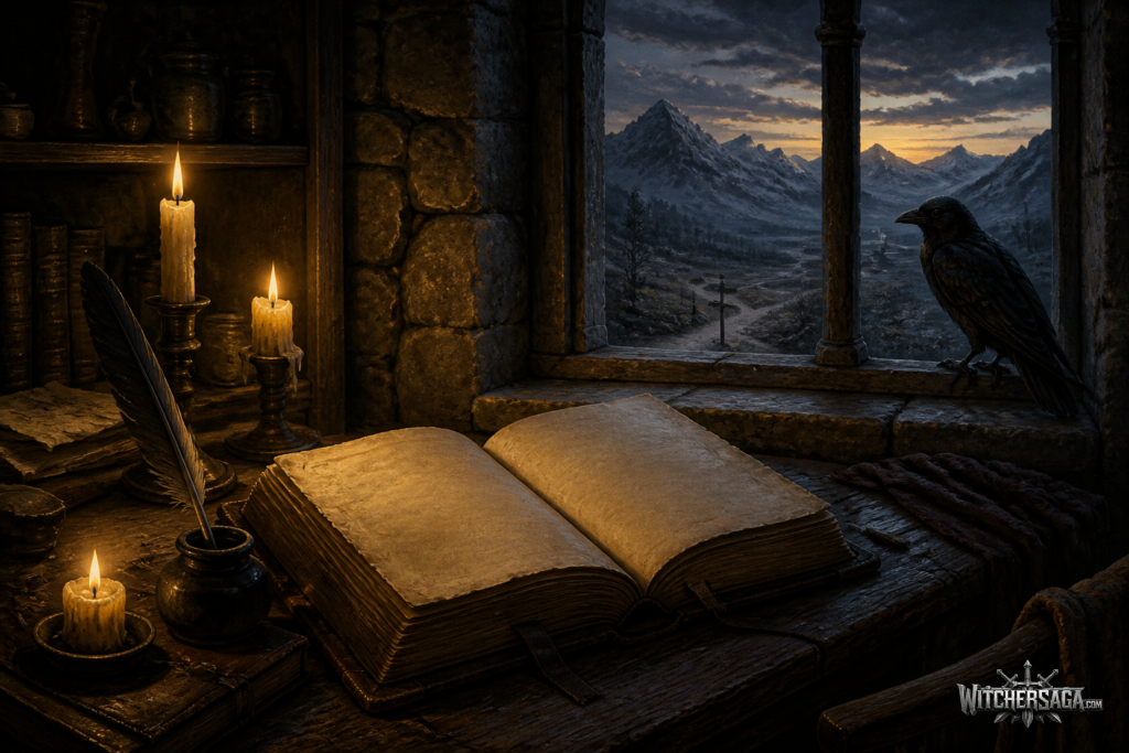 An open leather-bound book on a candlelit writing desk with a raven on the windowsill and snowy mountains beyond