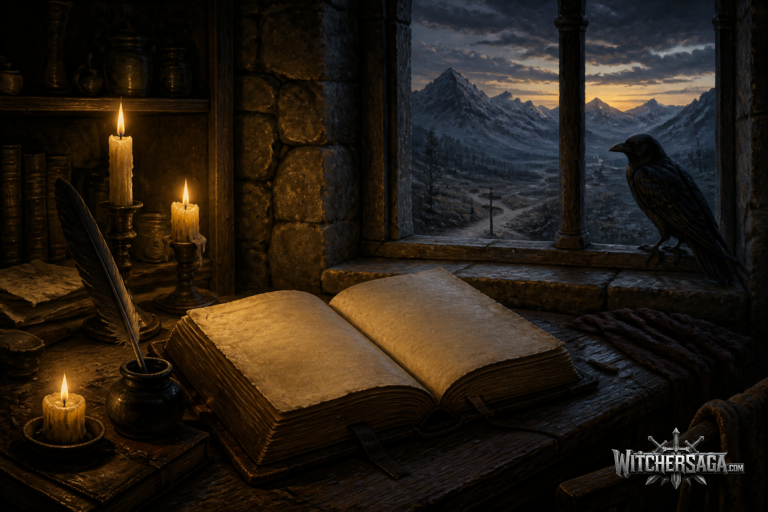 An open leather-bound book on a candlelit writing desk with a raven on the windowsill and snowy mountains beyond