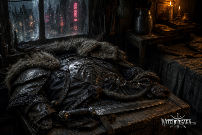 Fur-trimmed witcher armour and a dwarven sword on a crate in a dim apartment lit by neon light through a rainy window