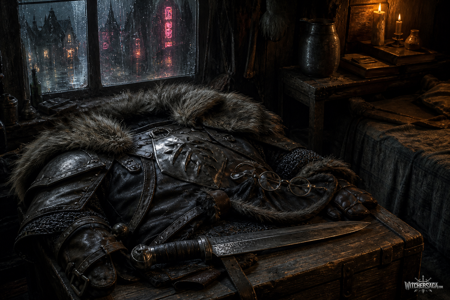Fur-trimmed witcher armour and a dwarven sword on a crate in a dim apartment lit by neon light through a rainy window