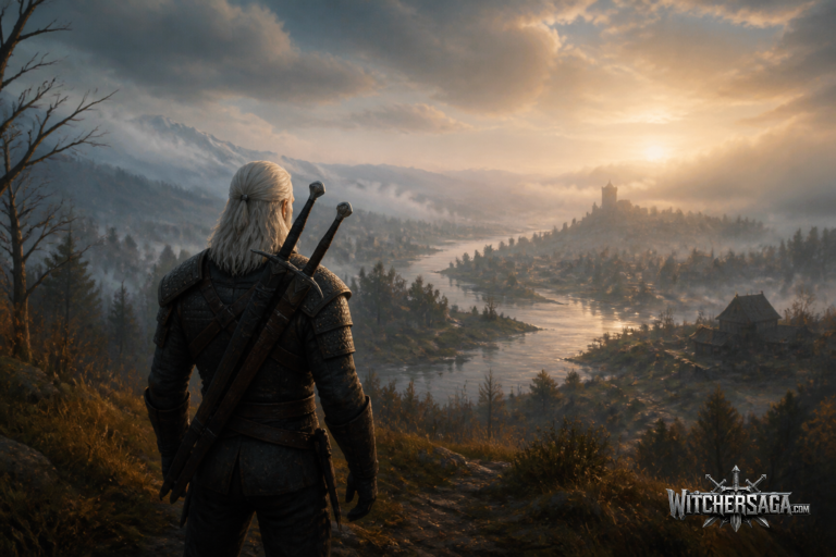Painterly fan art of a white-haired witcher with two swords on his back, seen from behind on a misty hill at dawn, overlooking a foggy river valley and a distant village