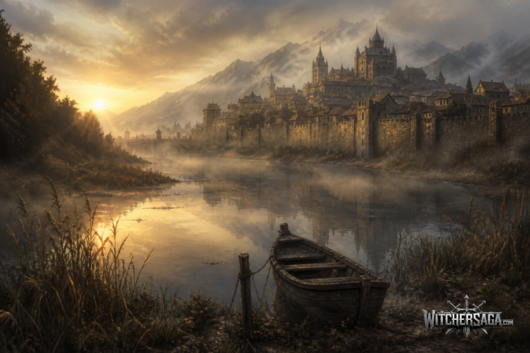 Painterly fan art of a misty river valley at dawn with a medieval walled town and a wooden boat moored by the reeds