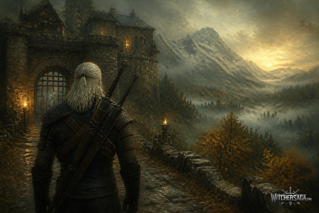 Fan art of a white-haired witcher with two swords standing before an old stone keep in misty mountains at dawn