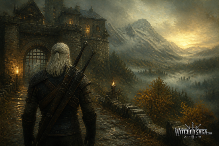Fan art of a white-haired witcher with two swords standing before an old stone keep in misty mountains at dawn